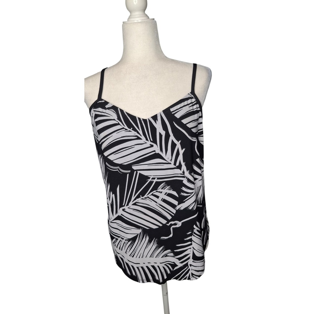 Bal Harbour Swim Tankini Top Womens 12 Black White Tropical Palm Print V-Neck